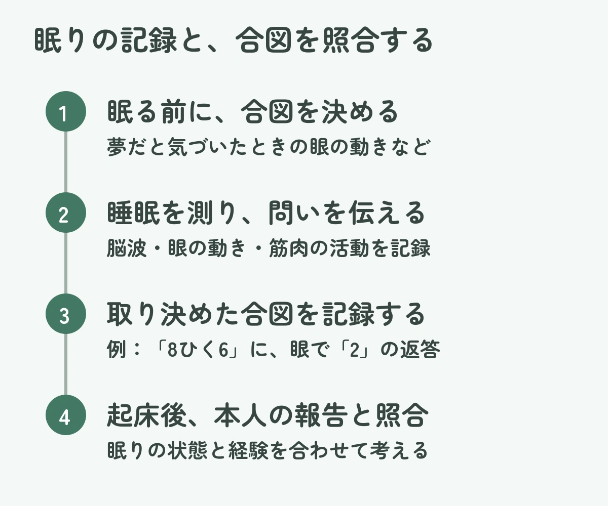 眠る前に合図を決め、睡眠を測定しながら問いを伝え、眼の合図と起床後の報告を照合する実験の流れ
