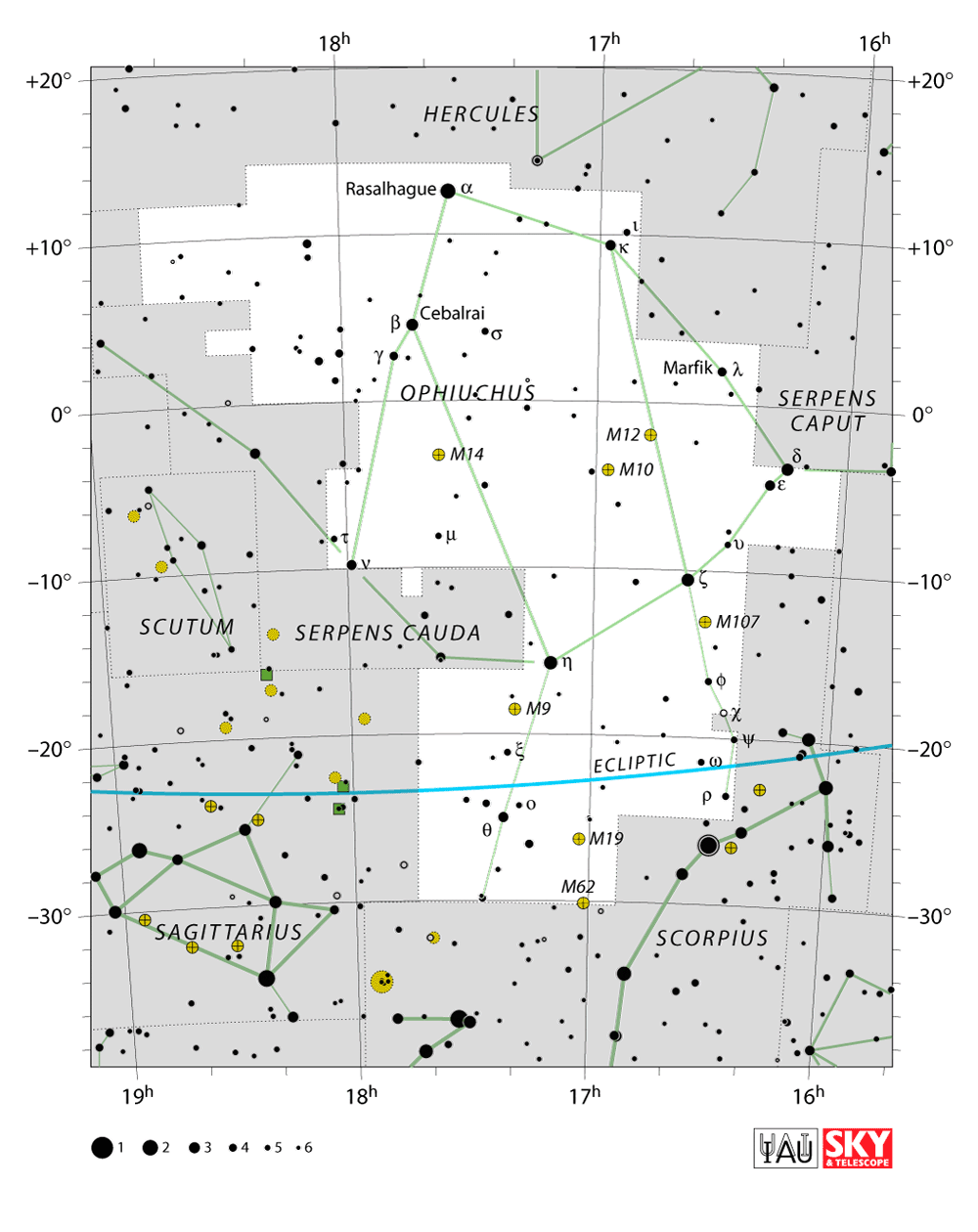 IAUとSky & Telescopeのへびつかい座星図。下部の水色の黄道が、白いへびつかい座の領域を横切っている