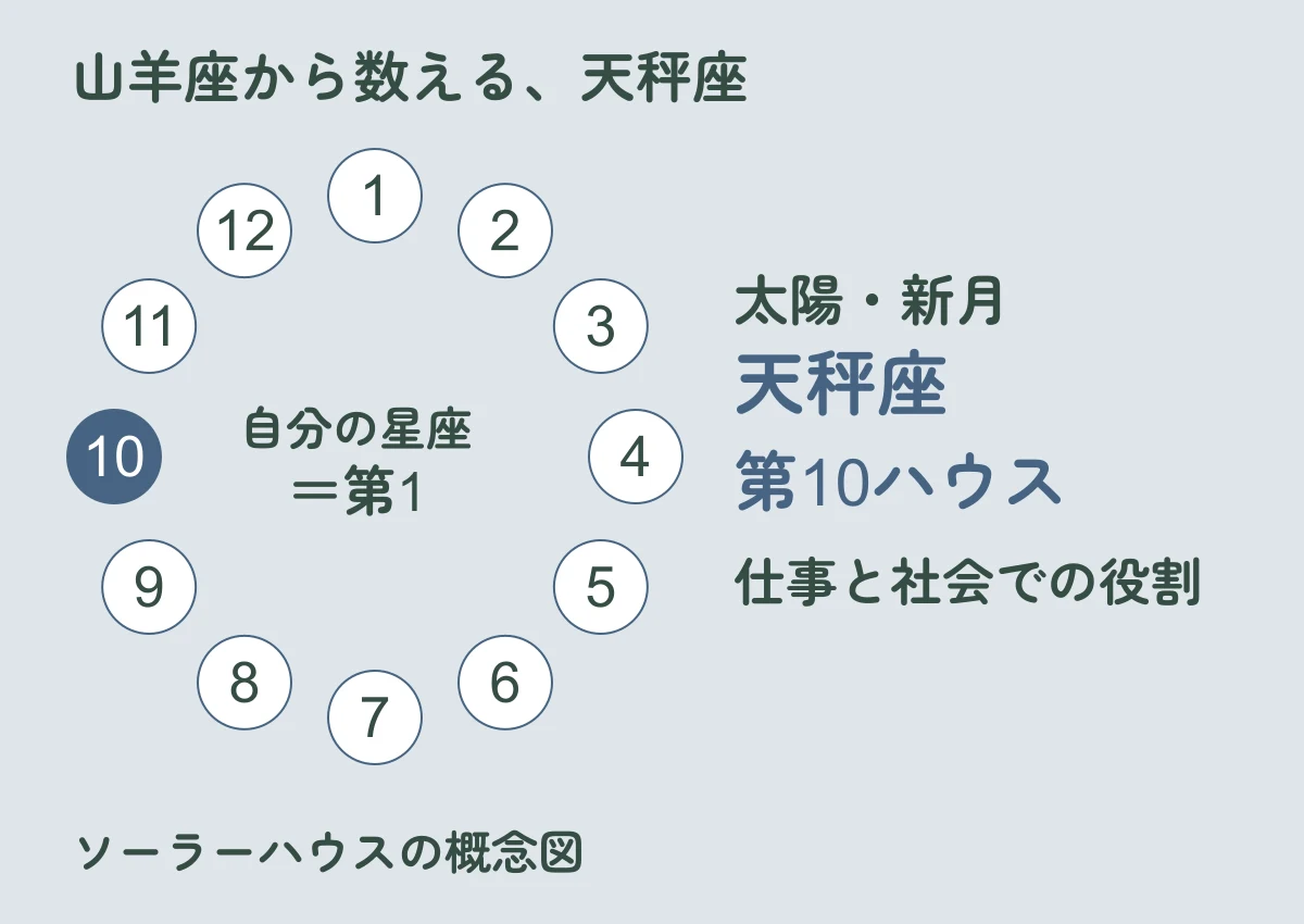 山羊座を第1とする12の領域のうち、天秤座が第10ハウスにあたる概念図