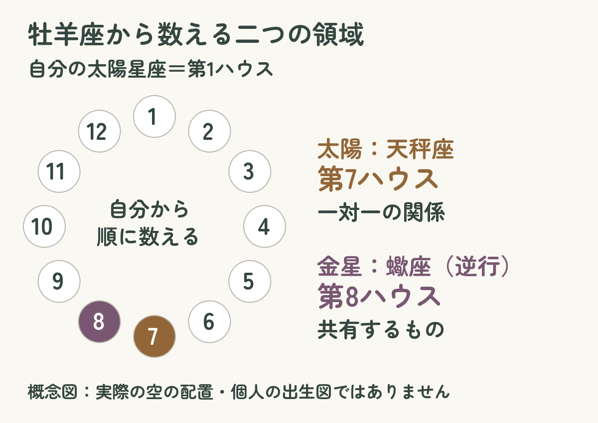 牡羊座から数えると太陽の天秤座は第7、金星の蠍座は第8ハウスになる概念図