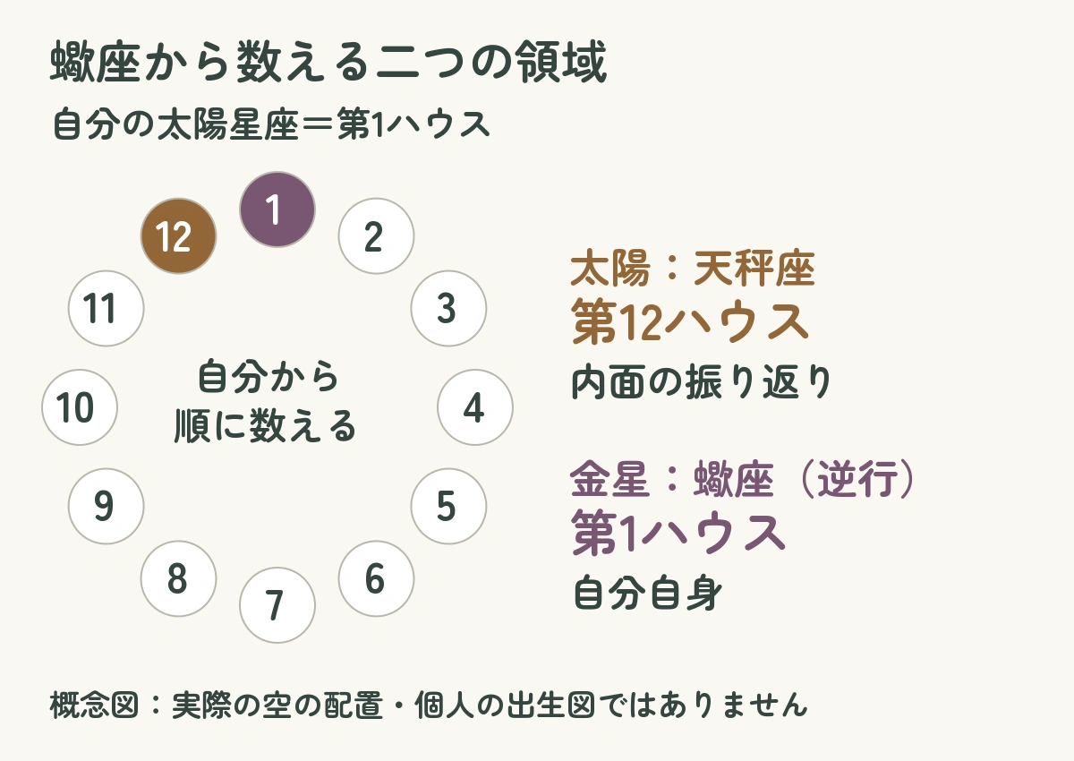 蠍座から数えると太陽の天秤座は第12、金星の蠍座は第1ハウスになる概念図